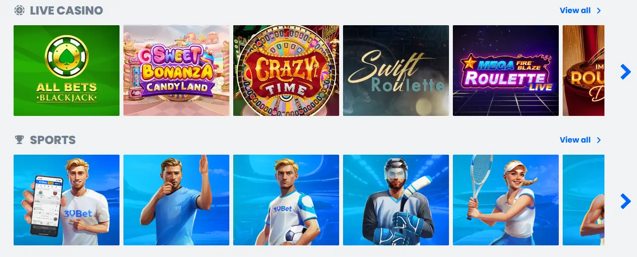 30Bet live casino en sportweddenschappen lobby overzicht.